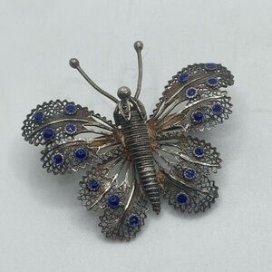 ANTIQUE Silver Filigree Butterfly Brooch w Blue Enamel Spots No Stamp - Tested